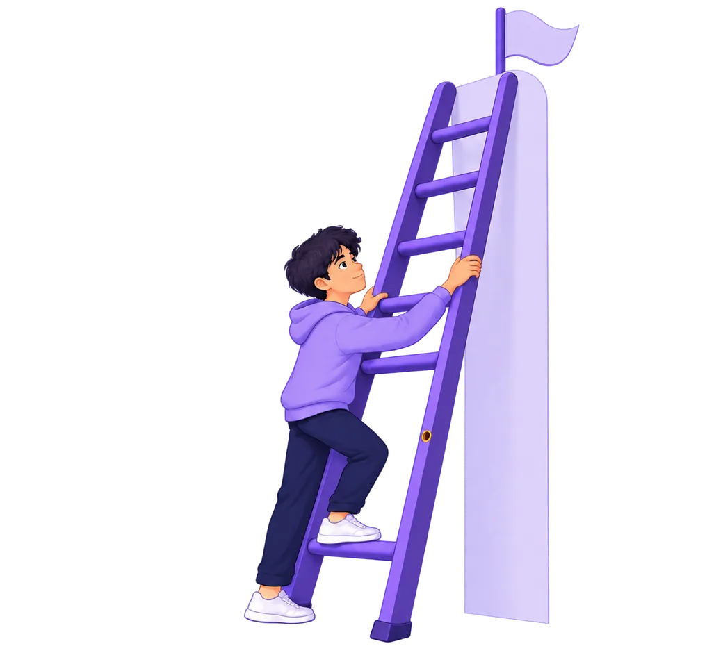 Arman climbing a ladder with one lower rung missing