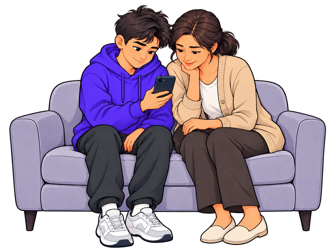 Arman and his mother on the sofa, looking at his progress on the phone together