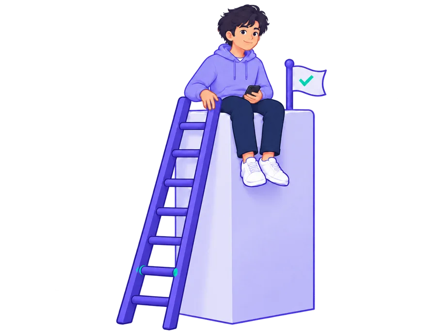 Arman sitting at the top, next to a ladder with every rung in place